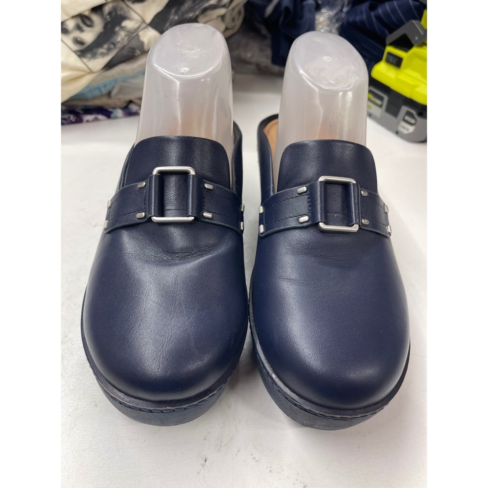 FitFlop Pilar Leather Buckle Mules Midnight Navy Platform Clogs F09-399 Sz 8.5